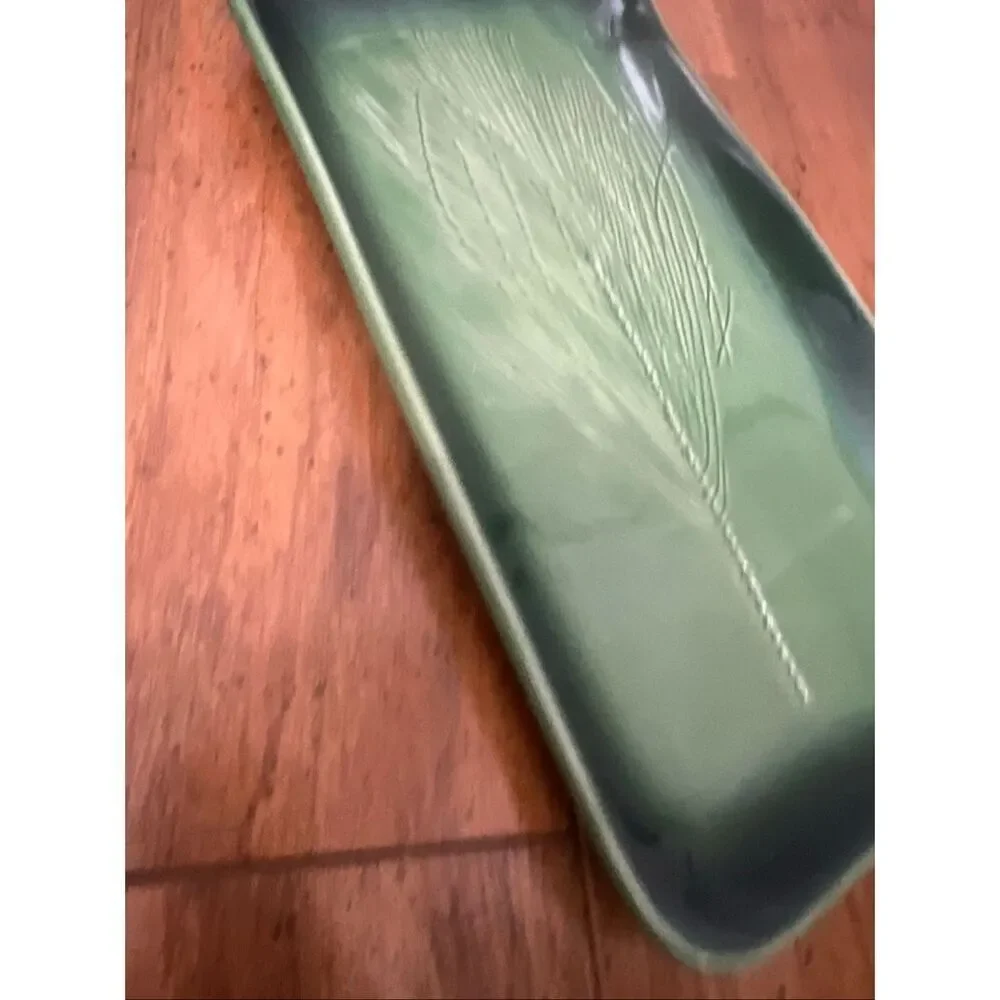 Kay Wayne Signed Studio Art Pottery Pine Needle Branch Green Serving Platter